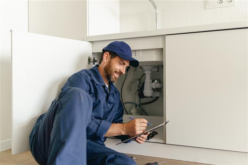 Residential plumber reviewing plumbing repairs in a Clearwater kitchen