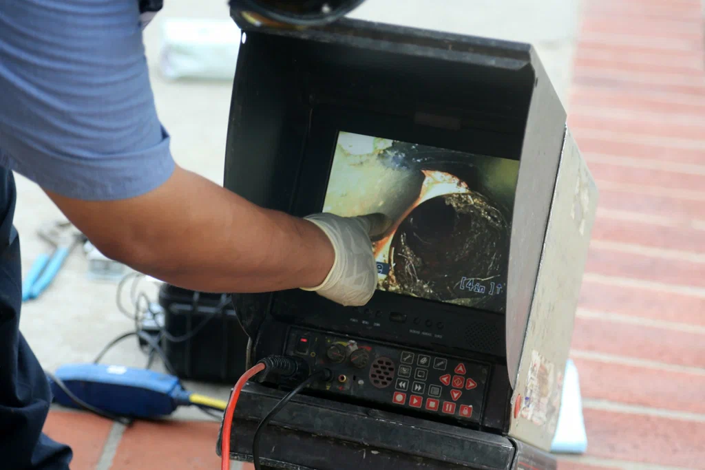 Technician viewing a drain inspection camera in Clearwater